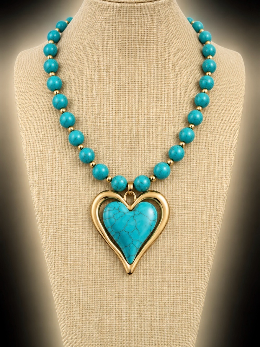 Turquoise Blue Beaded Heart Statement Necklace Gold Tone Western Boho 19”-21”